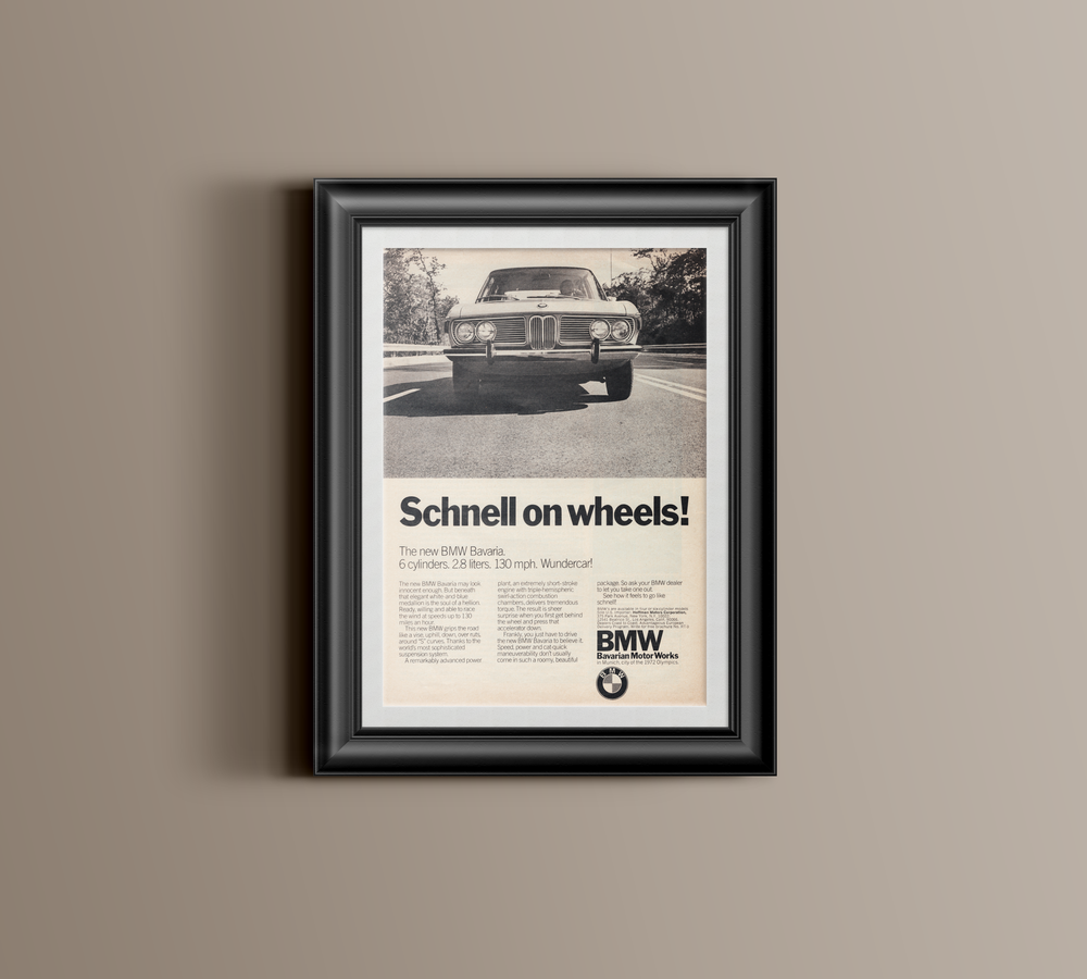 BMW-E3 Bavaria, Schnell on Wheels-Magazine-Ad