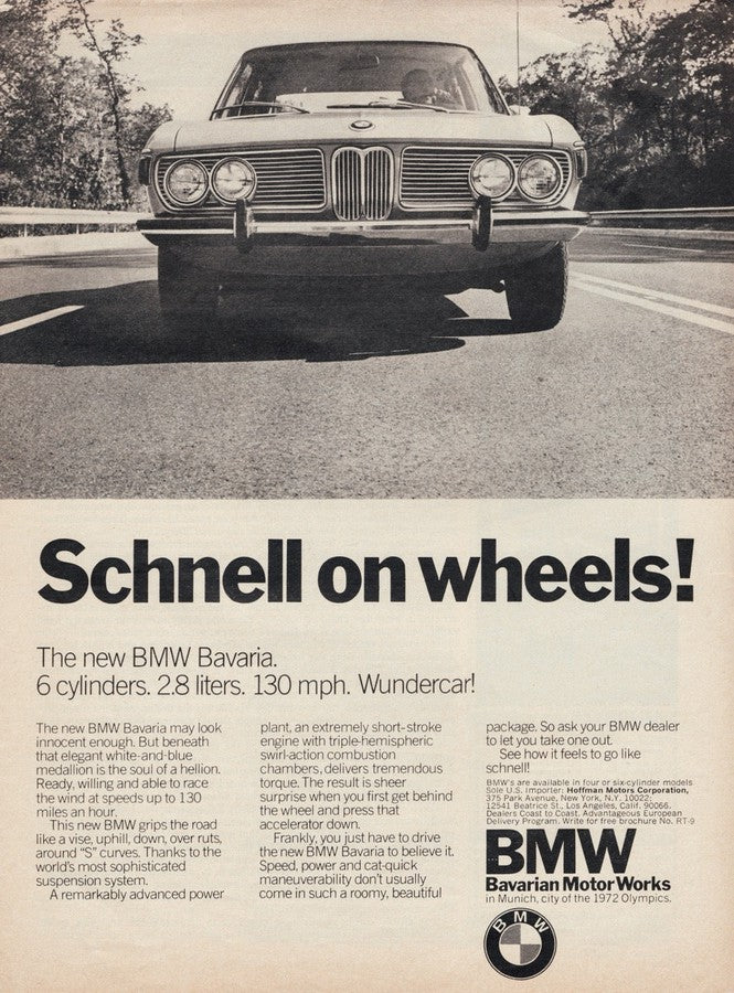 BMW-E3 Bavaria, Schnell on Wheels-Magazine-Ad