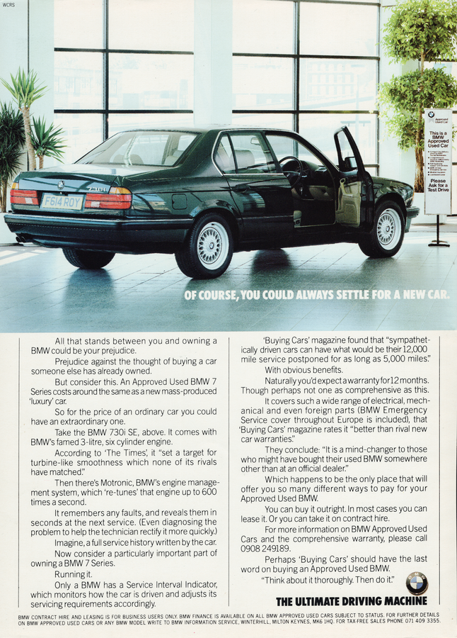 BMW-E32 730i Think About it Thoroughly-Vintage-Print-Magazine-Ad-BIMMERtips.com