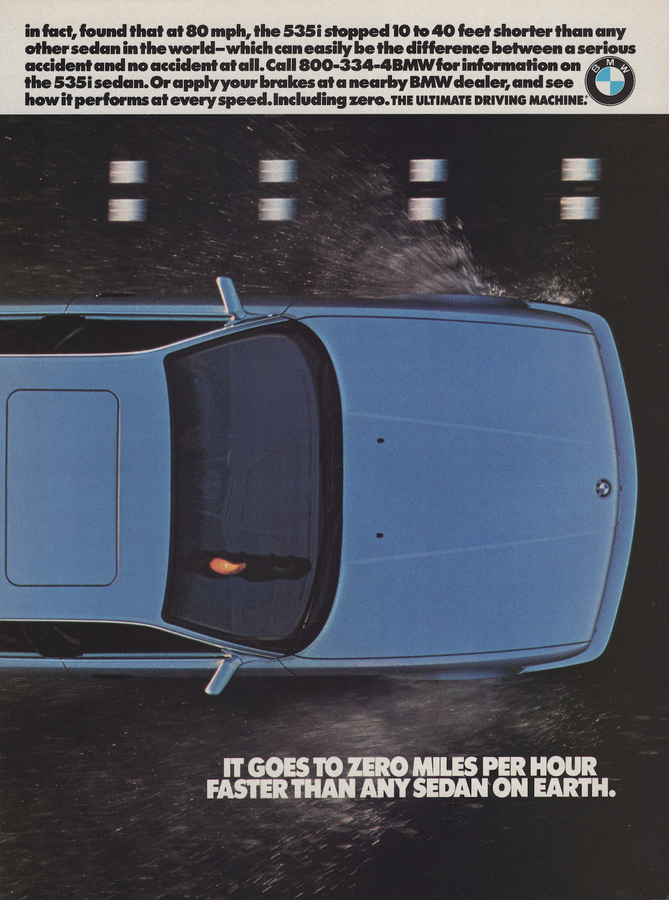 BMW-E34 Goes to Zero MPH Faster Than Any Sedan-Magazine-Ad