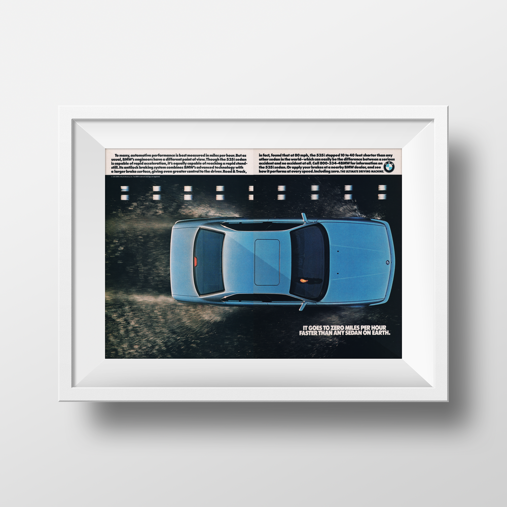 BMW-E34 Goes to Zero MPH Faster Than Any Sedan-Magazine-Ad