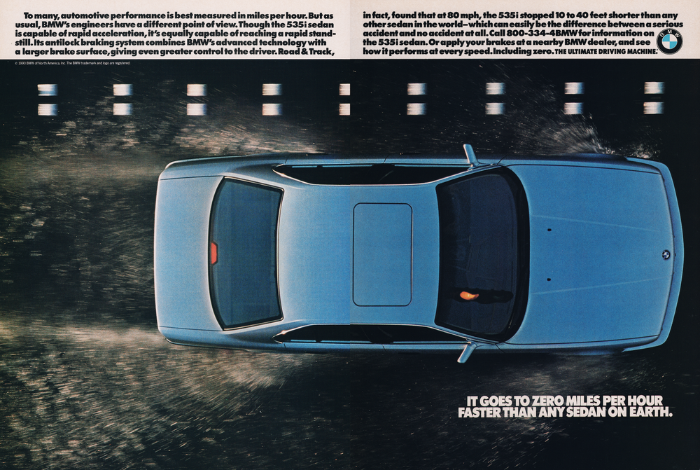 BMW-E34 Goes to Zero MPH Faster Than Any Sedan-Magazine-Ad
