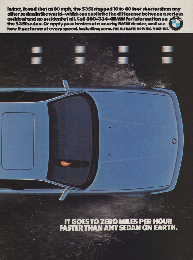 BMW-E34 Goes to Zero MPH Faster Than Any Sedan-Vintage-Print-Magazine-Ad-BIMMERtips.com