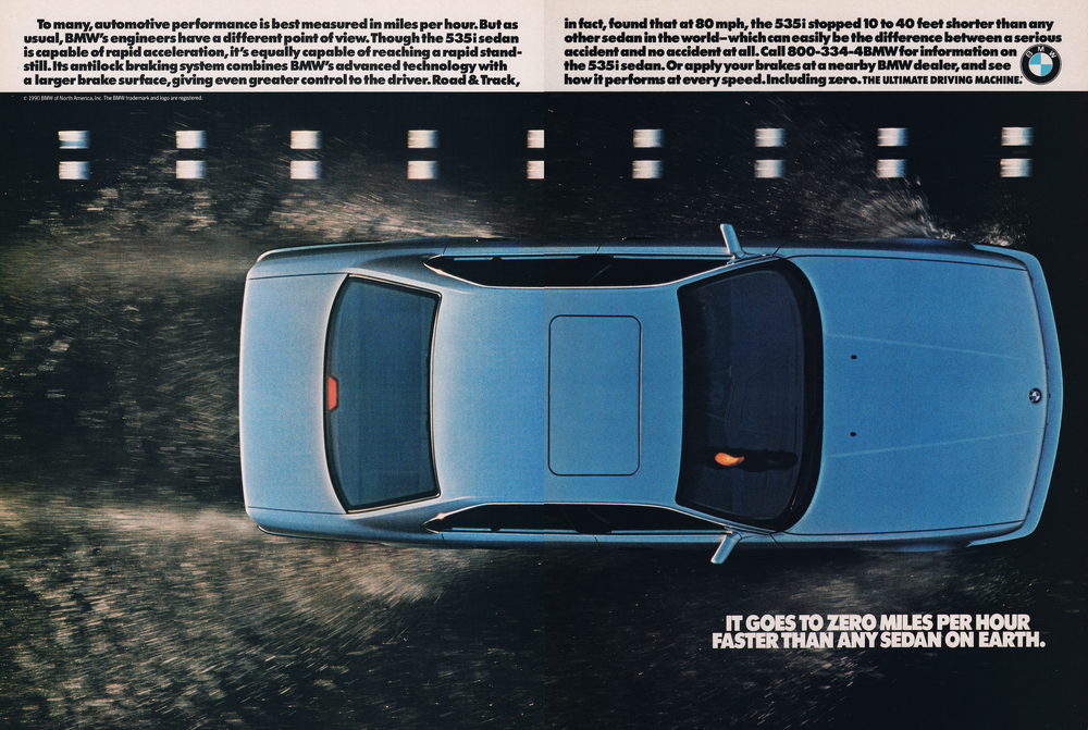 BMW-E34 Goes to Zero MPH Faster Than Any Sedan-Vintage-Print-Magazine-Ad-BIMMERtips.com