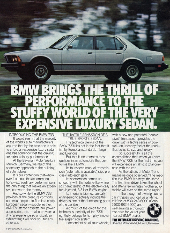 BMW-E23 733i Thrill of Performance-Vintage-Print-Magazine-Ad-BIMMERtips.com