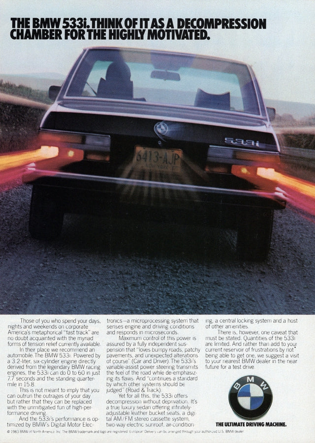 BMW-E28 533i Decompression Chamber-Vintage-Print-Magazine-Ad-BIMMERtips.com