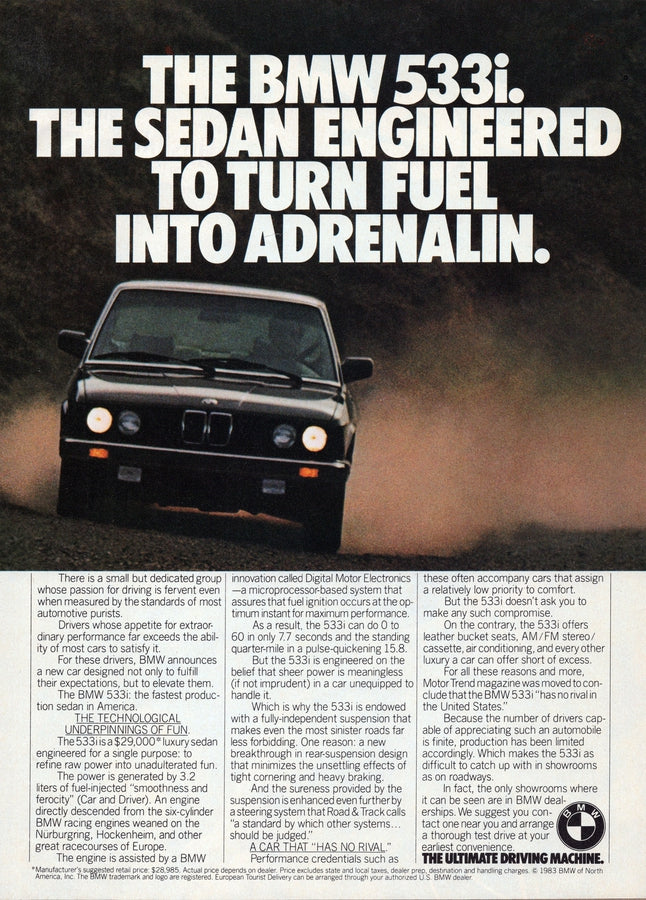 BMW-E28 533i Fuel Into Adrenalin-Vintage-Print-Magazine-Ad-BIMMERtips.com