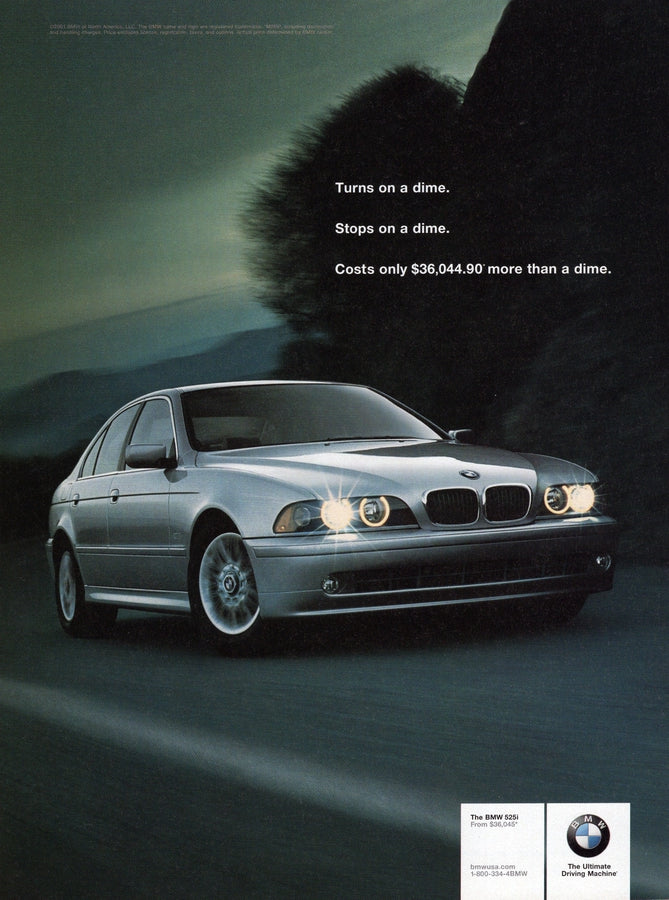 BMW-E39 Turns on a dime. Stops on a dime.-Vintage-Print-Magazine-Ad-BIMMERtips.com